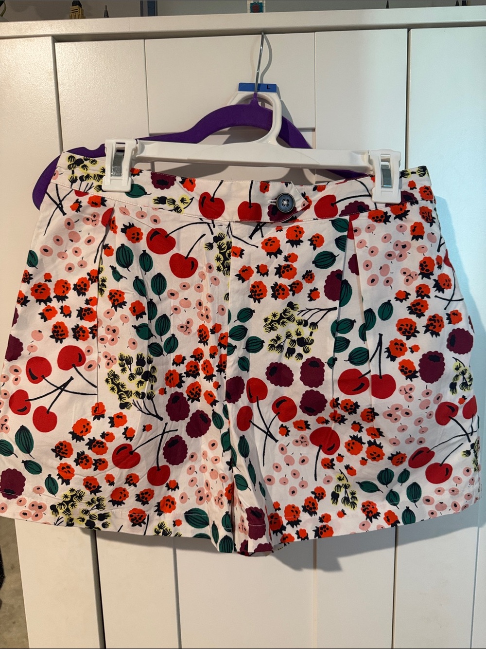 Maeve White Shorts with Red Cherry & Green Leaf Print
